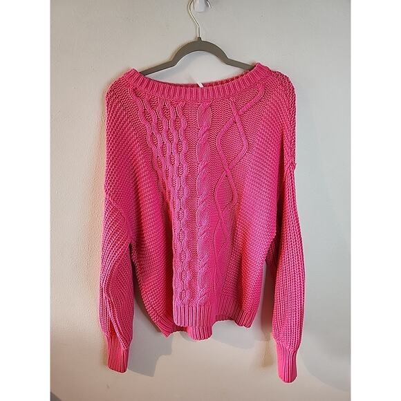 FREE PEOPLE CHUNKY Hot Pink CABLE KNIT SWEATER IN SMALL Round Neck Oversized - Picture 1 of 5